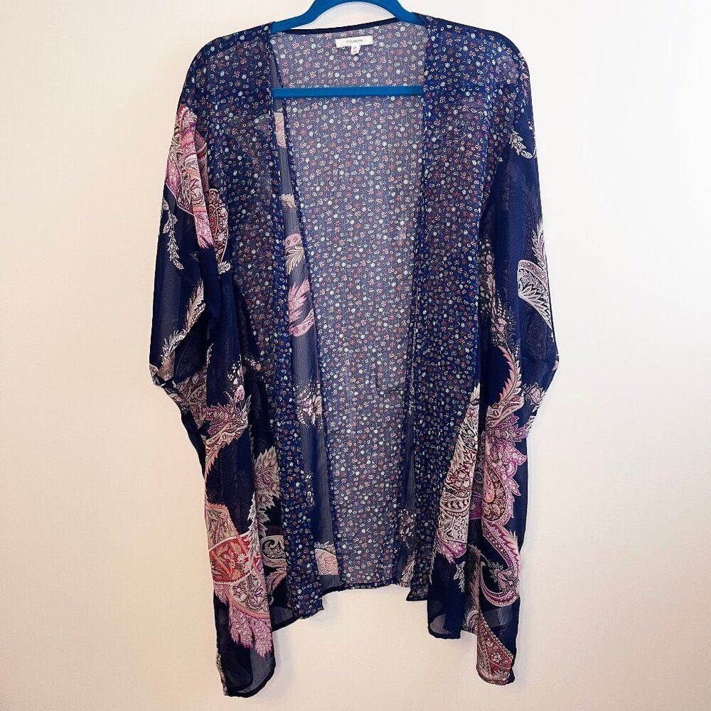 Women's MAURICES Navy Blue Purple Pink Floral Paisley Sheer Kimono Sz. L/XL